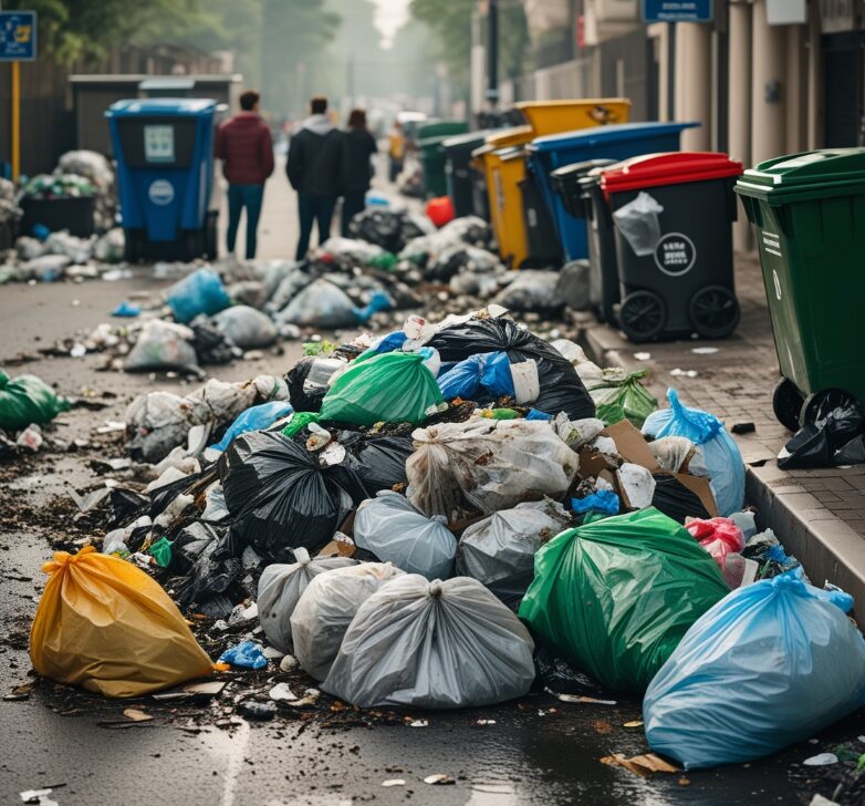 Heaps of trash bags overflow onto an urban street lined with bins.